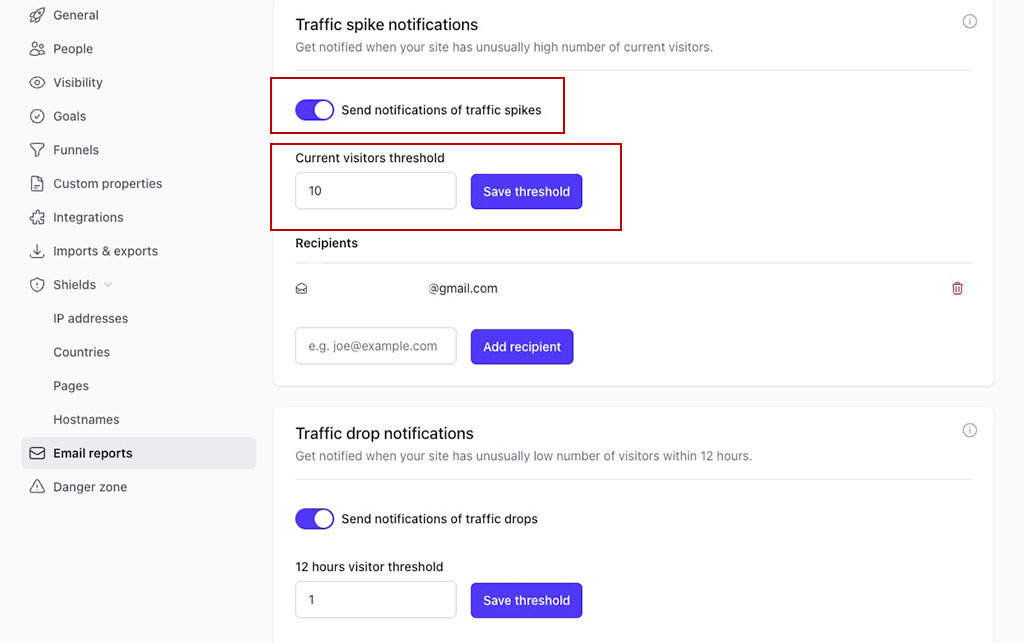 Traffic spike notification settings with threshold input and preferences