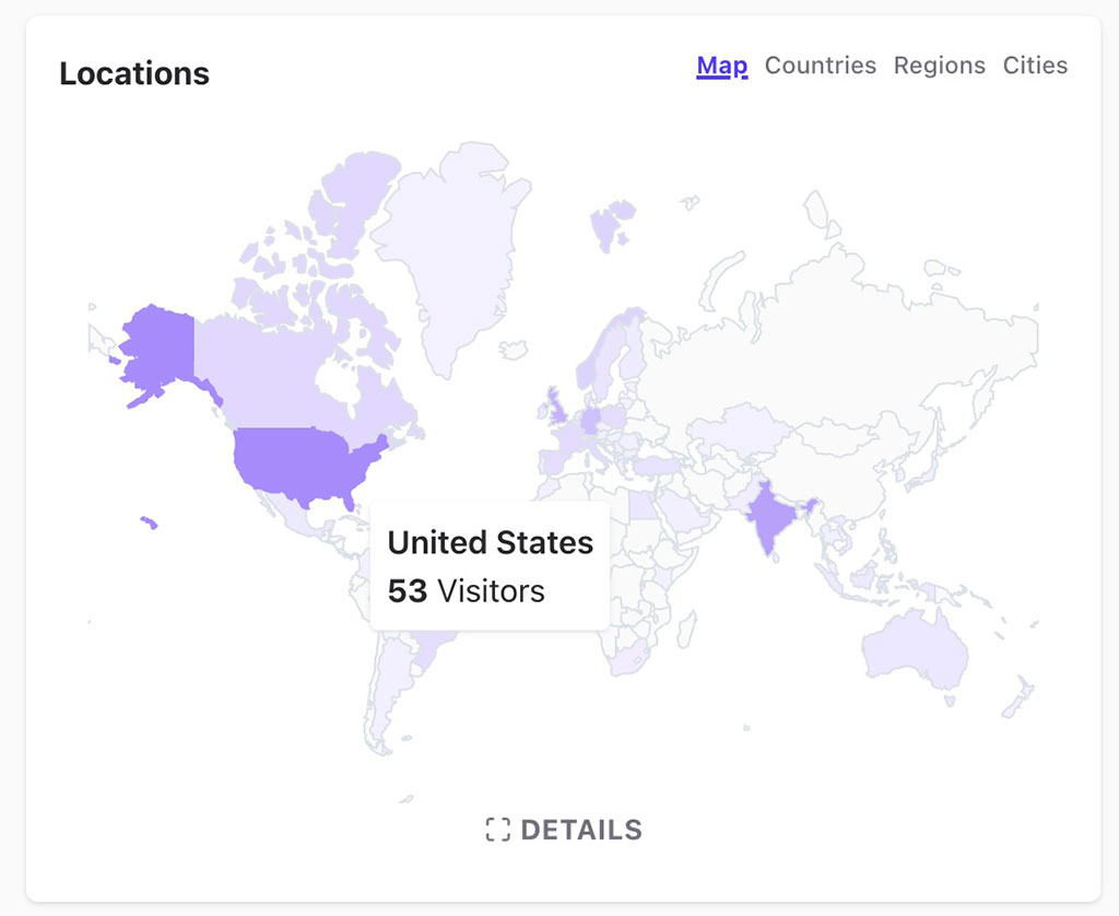 World map with traffic distribution via color intensity, plus top countries list with visitor counts