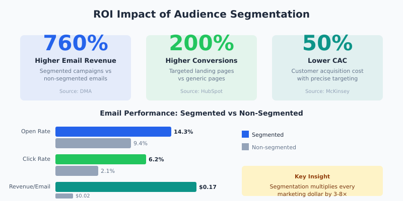 Audience segmentation ROI statistics showing 760% higher email revenue